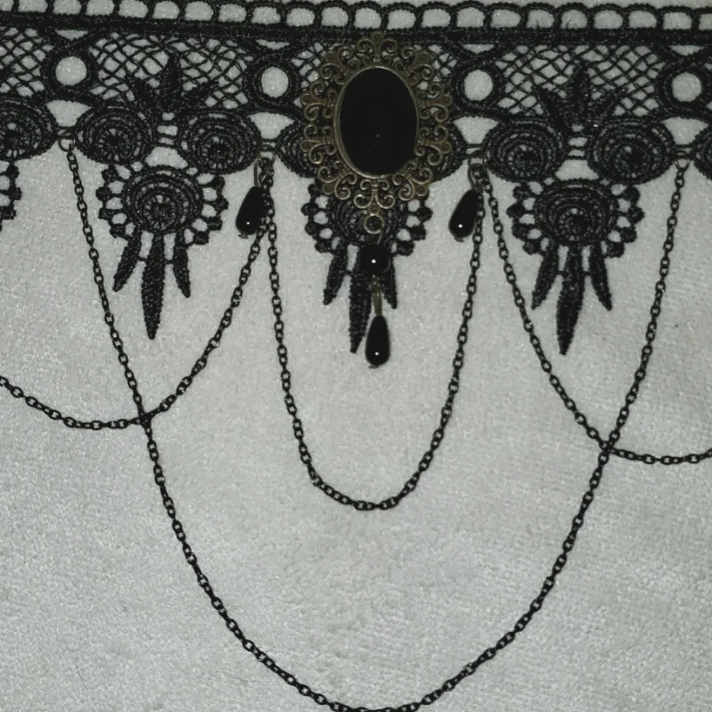 Black Embroidered Lace - Layred Chains Choker Antique Silver Necklace 13.5